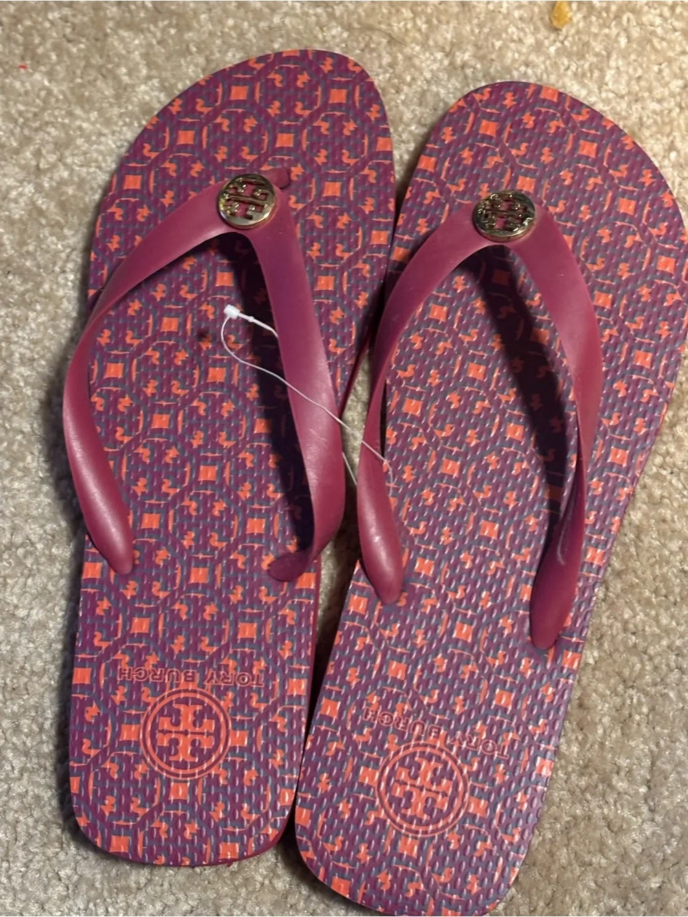 Tory Burch Pink and Orange Patterned Flip Flops